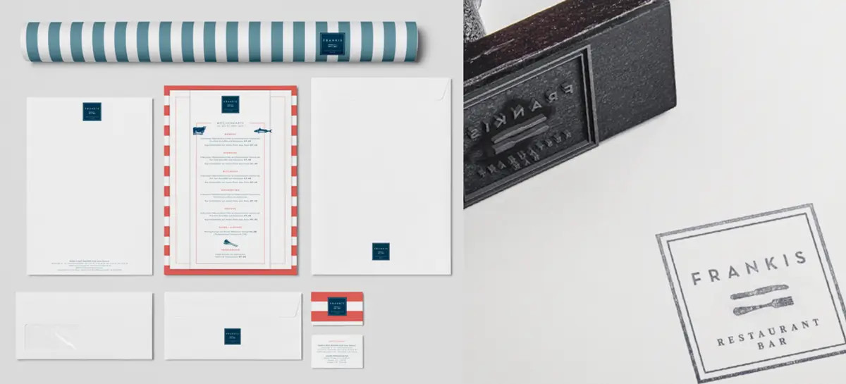Geschäftsausstattung des Restaurants Frankies: Briefpapier, Briefbogen, Briefumschlag, Visitenkarte und Stempel im Corporate Design.