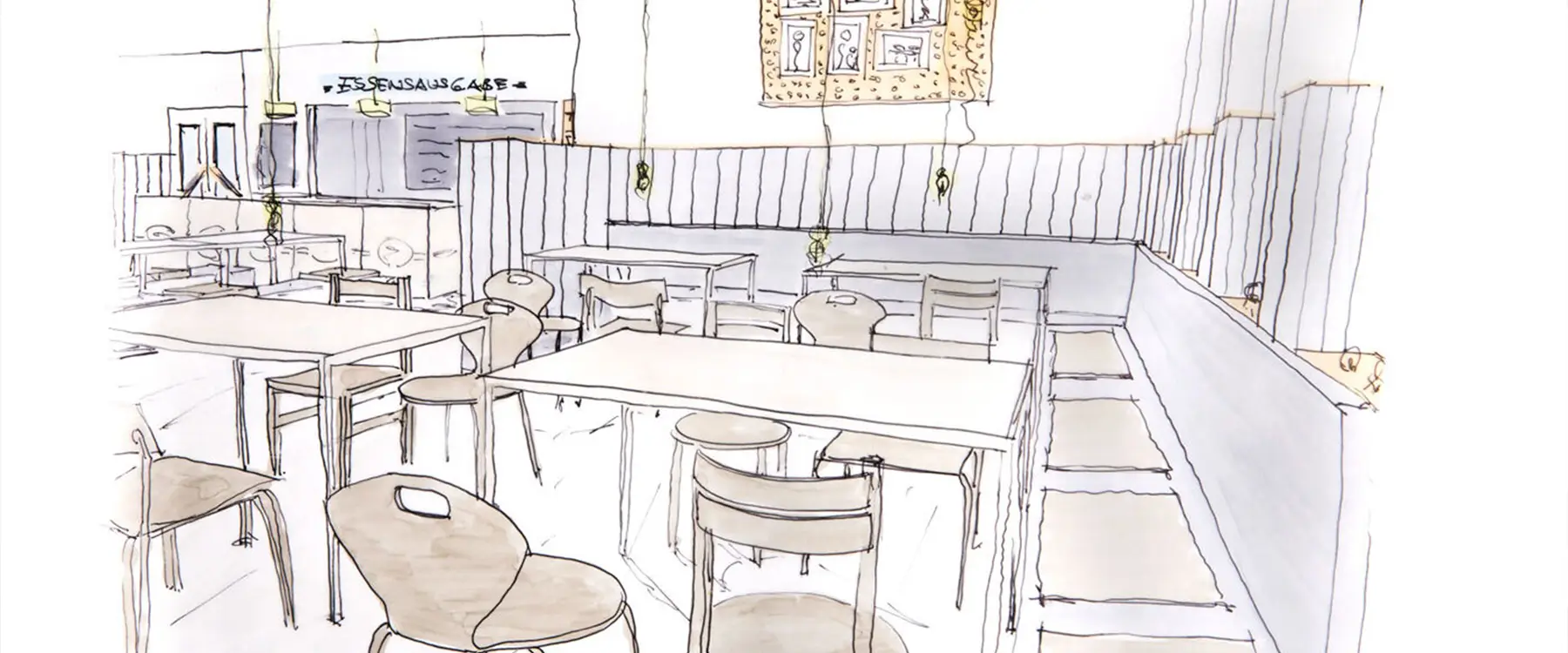 Eine einfache Skizze einer Kantine in minimalistischer Darstellung mit Schwerpunkt auf weißen Flächen und klaren Linien. Die Möbel und der Raum sind stilisiert und grob angedeutet, um eine moderne, offene Atmosphäre widerzuspiegeln.