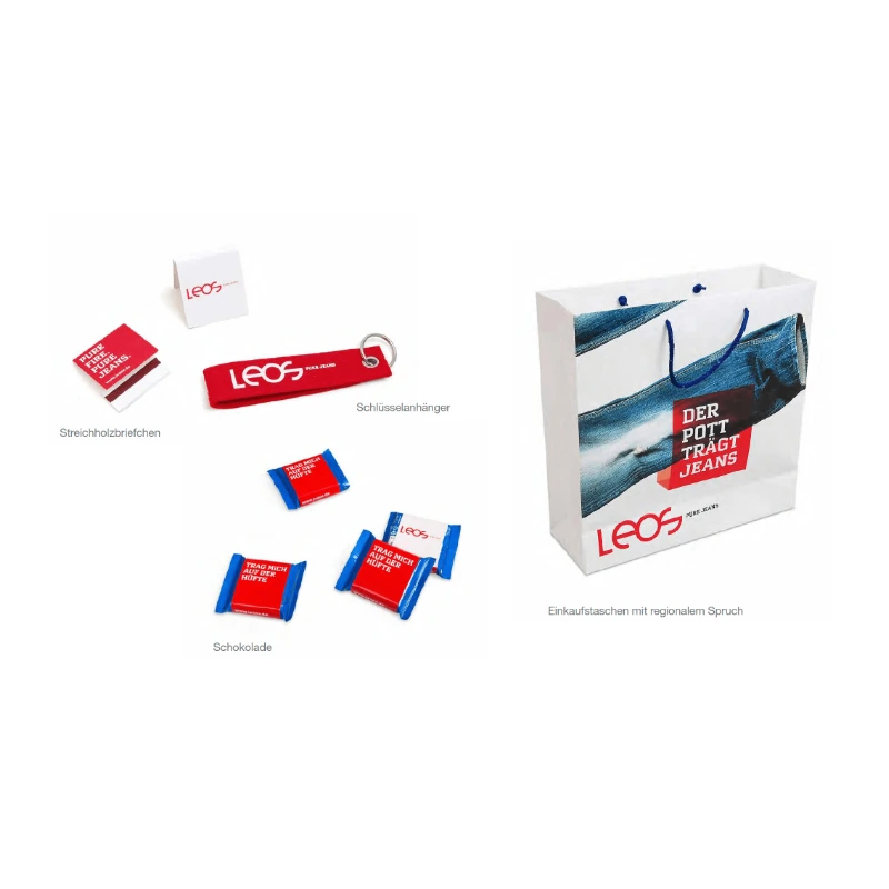 Die Website von Leos Merchandise präsentiert Schlüsselanhänger, Schokolade, Einkaufstaschen und Streichholzbriefchen im individuellen Leos-Design.