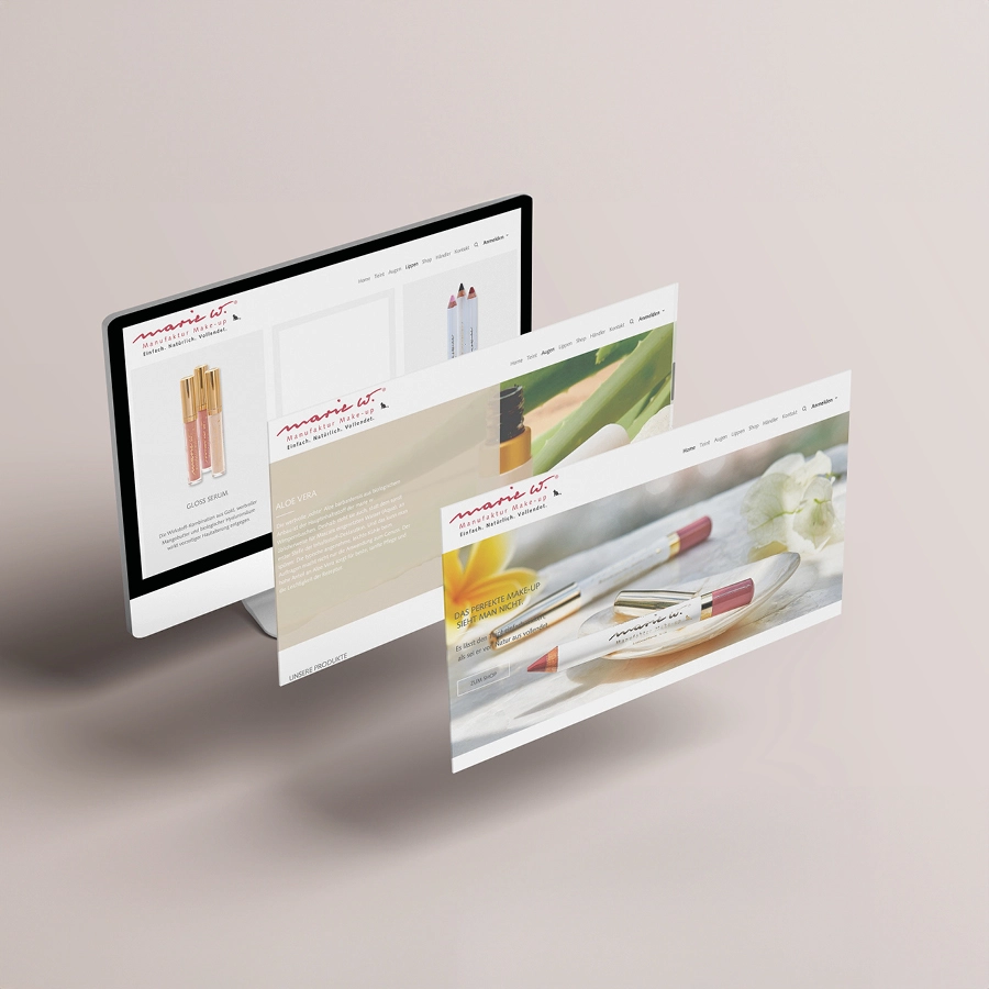 Screenshot der Website von Marie W., einem Unternehmen für Make-up und Schönheitsprodukte.