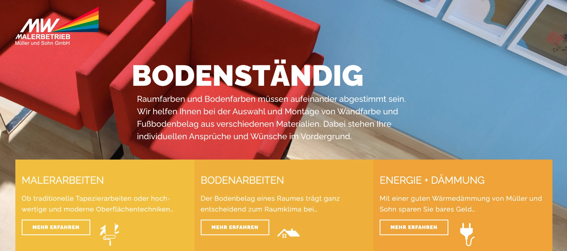 Screenshot der Website des MW Malerbetriebs Müller & Sohn GmbH mit Informationen zu Dienstleistungen und Projekten.