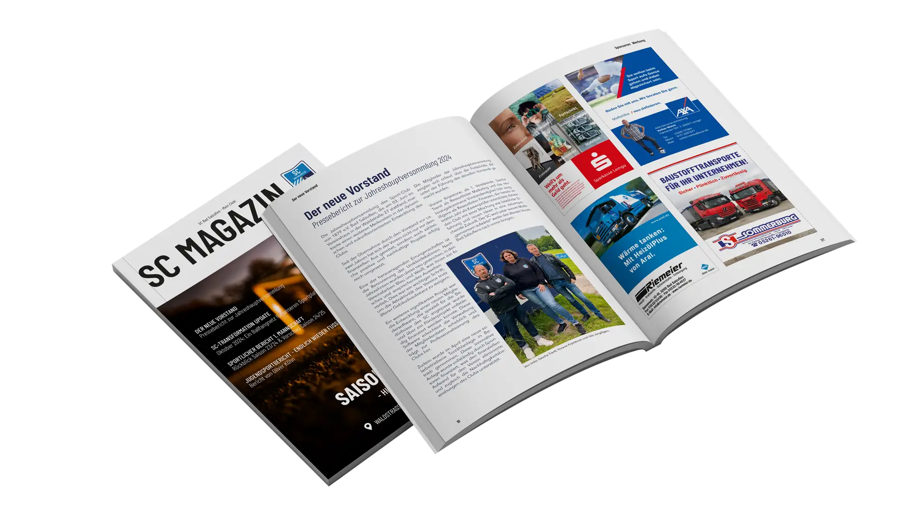 SC Magazin mit verschiedenen Seitenansichten, darunter ein Cover, Teamfotos, Werbeanzeige und Artikel.
