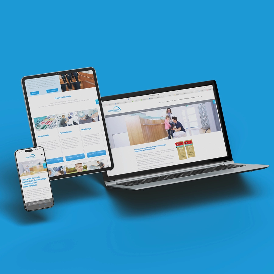 Die Website von Tunkel&Tunkel Fachzahnpraxis, die individuell programmiert wurde und einen benutzerfreundlichen Online-Shop enthält.