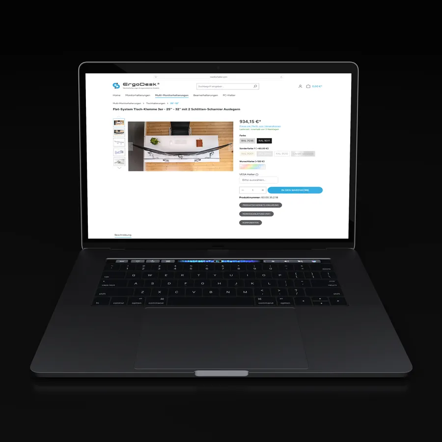 Screenshot des Ergodesk-Onlineshops mit modernem Design, übersichtlicher Produktdarstellung und benutzerfreundlicher Navigation.